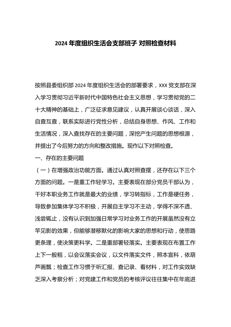 2024年度组织生活会支部班子 对照检查材料.docx_第1页