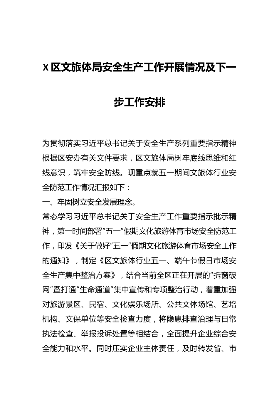 X区文旅体局安全生产工作开展情况及下一步工作安排.docx_第1页