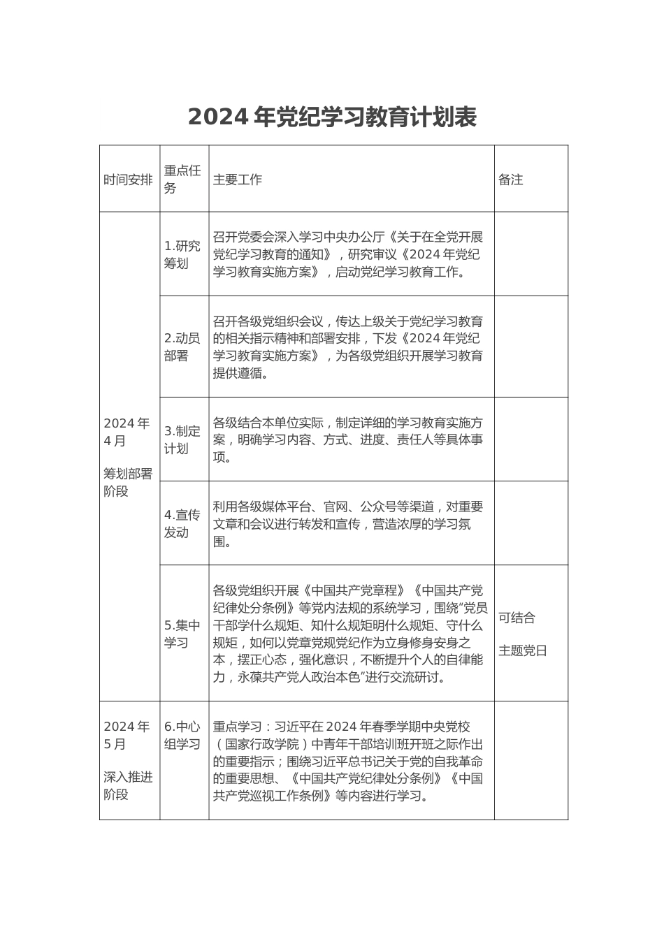 2024年党纪学习教育计划表.docx_第1页