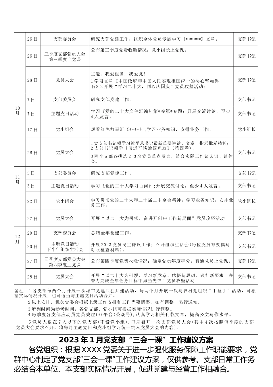 (2篇)2023年机关党支部“三会一课”学习安排计划表、2023年1月党支部“三会一课”工作建议方案.docx_第3页