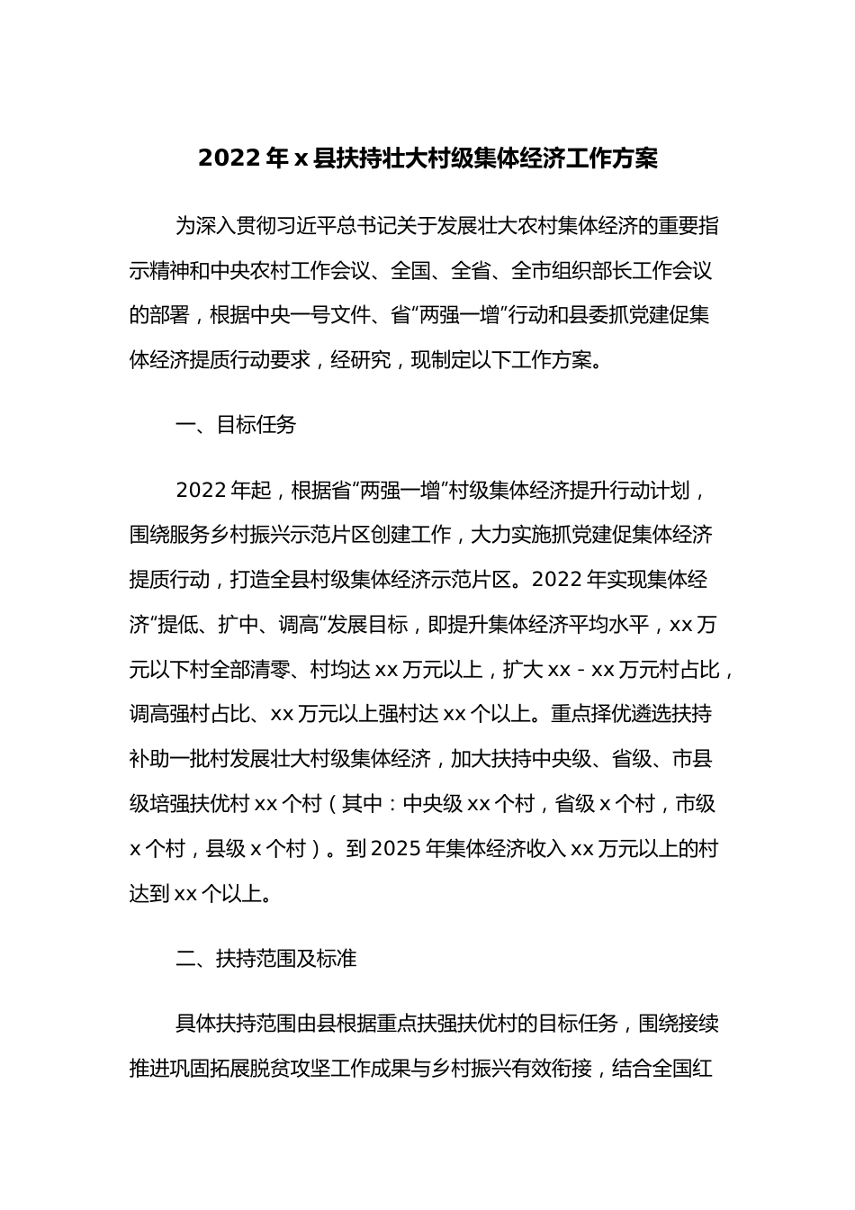 2022年x县扶持壮大村级集体经济工作方案.docx_第1页