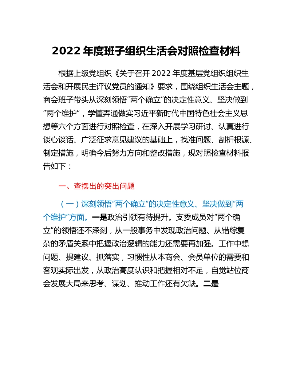 20230307：2022年度班子组织生活会对照检查材料.docx_第1页