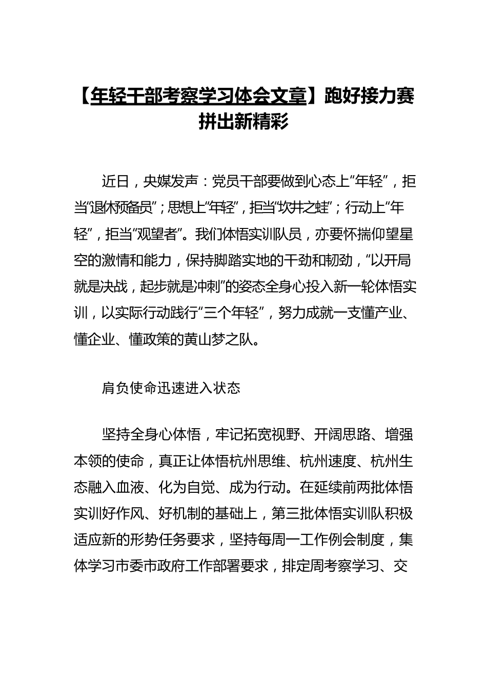 【年轻干部考察学习体会文章】跑好接力赛 拼出新精彩.docx_第1页