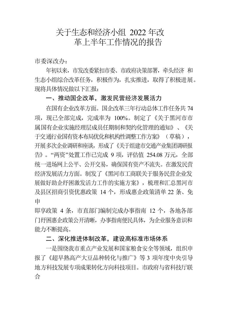 关于生态和经济小组2022年改革上半年工作情况的报告.docx_第1页