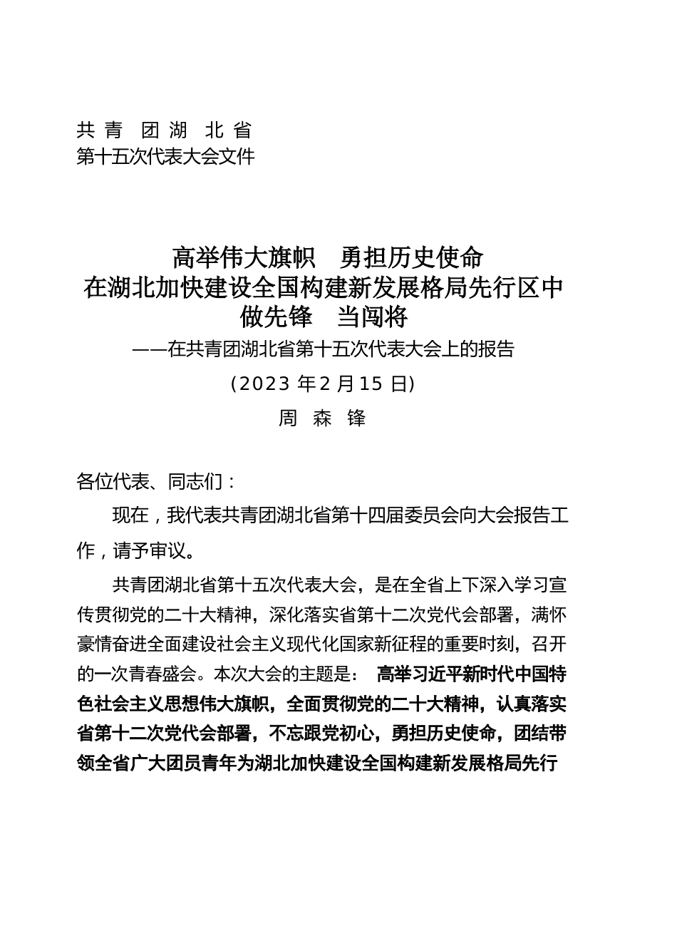 在共青团湖北省第十五次代表大会上的报告（2023年共青团报告）.docx_第1页