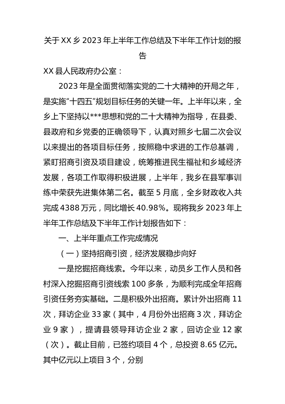 乡2023年上半年工作总结及下半年工作计划的报告.docx_第1页