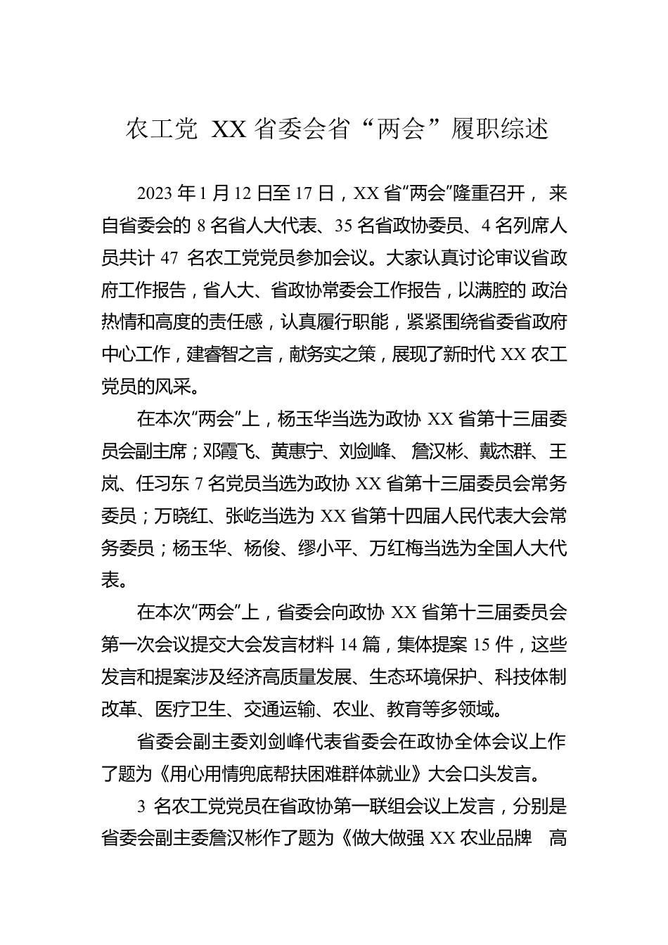 农工党XX省委会省“两会”履职综述（20230118）.docx_第1页