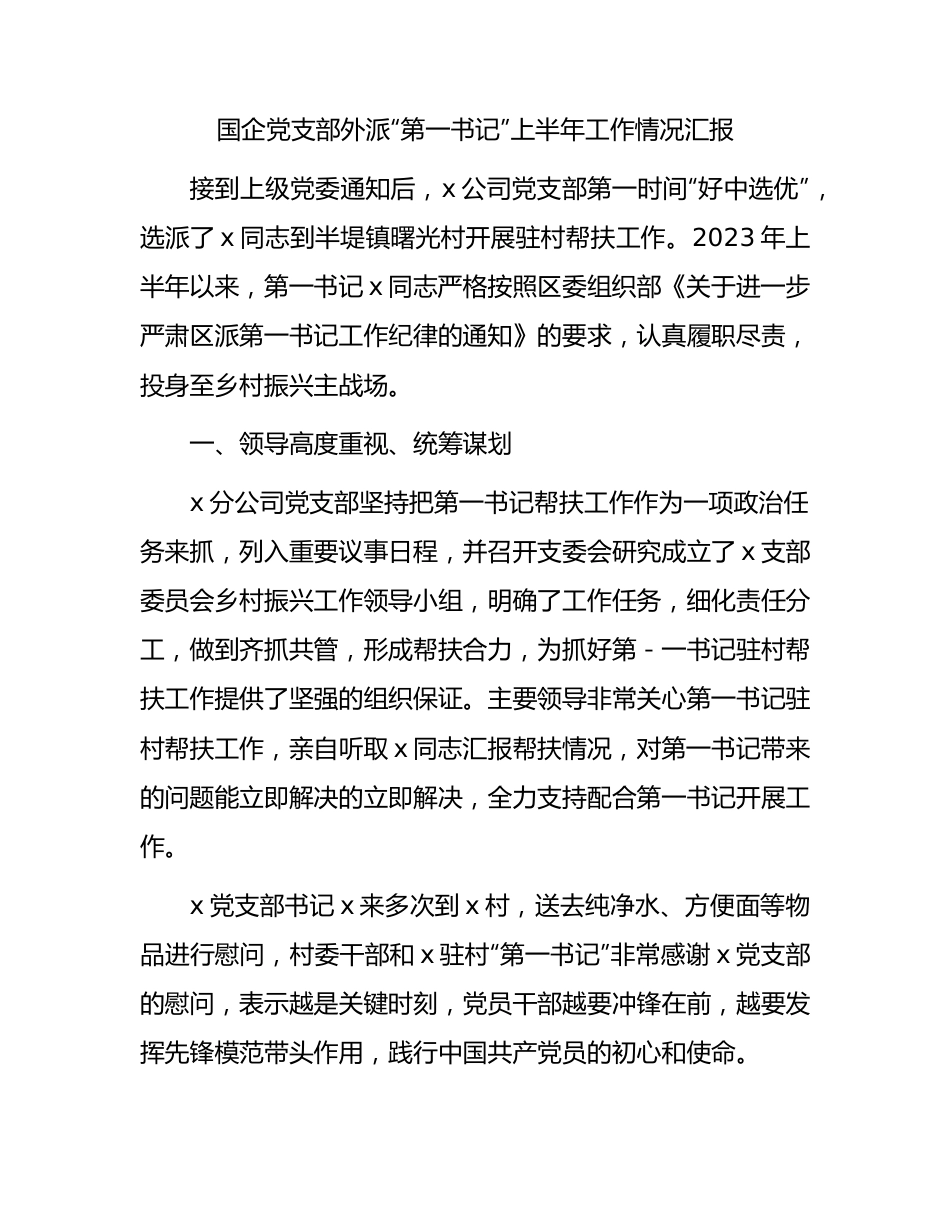 国企公司党支部外派“第一书记”上半年工作总结汇报.docx_第1页