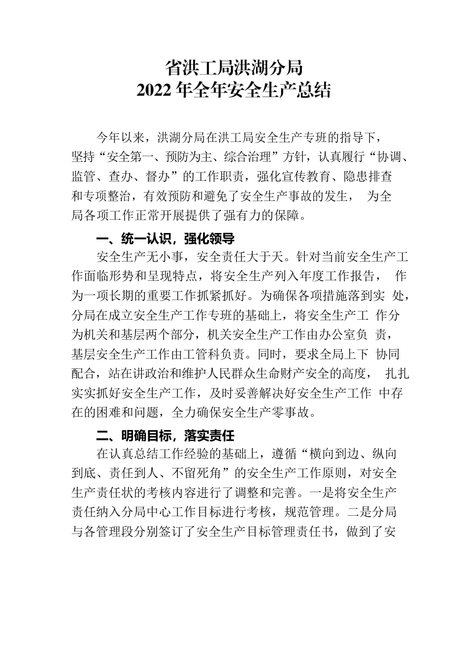 洪湖分局2022年全年安全生产总结.docx_第1页