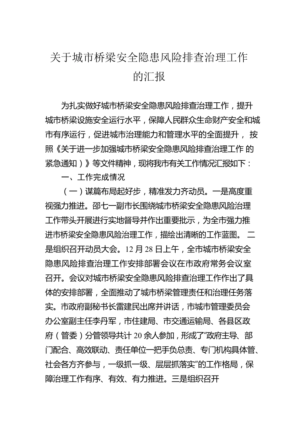 关于城市桥梁安全隐患风险排查治理工作的汇报.docx_第1页