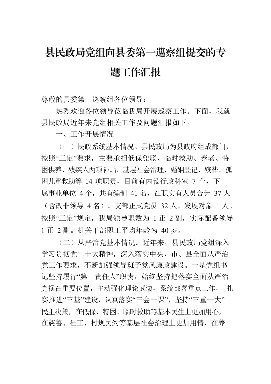 县民政局党组向县委第一巡察组提交的专题工作汇报.docx_第1页