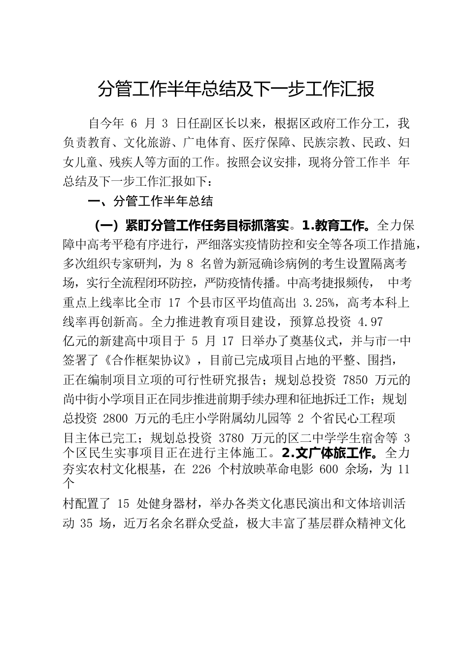 分管工作半年总结及下一步工作汇报.docx_第1页