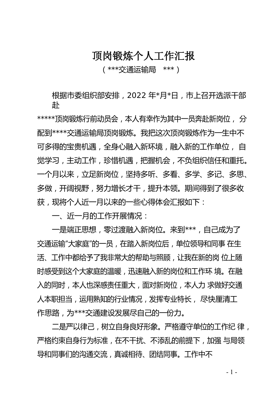 交通运输系统顶岗锻炼个人工作汇报.docx_第1页