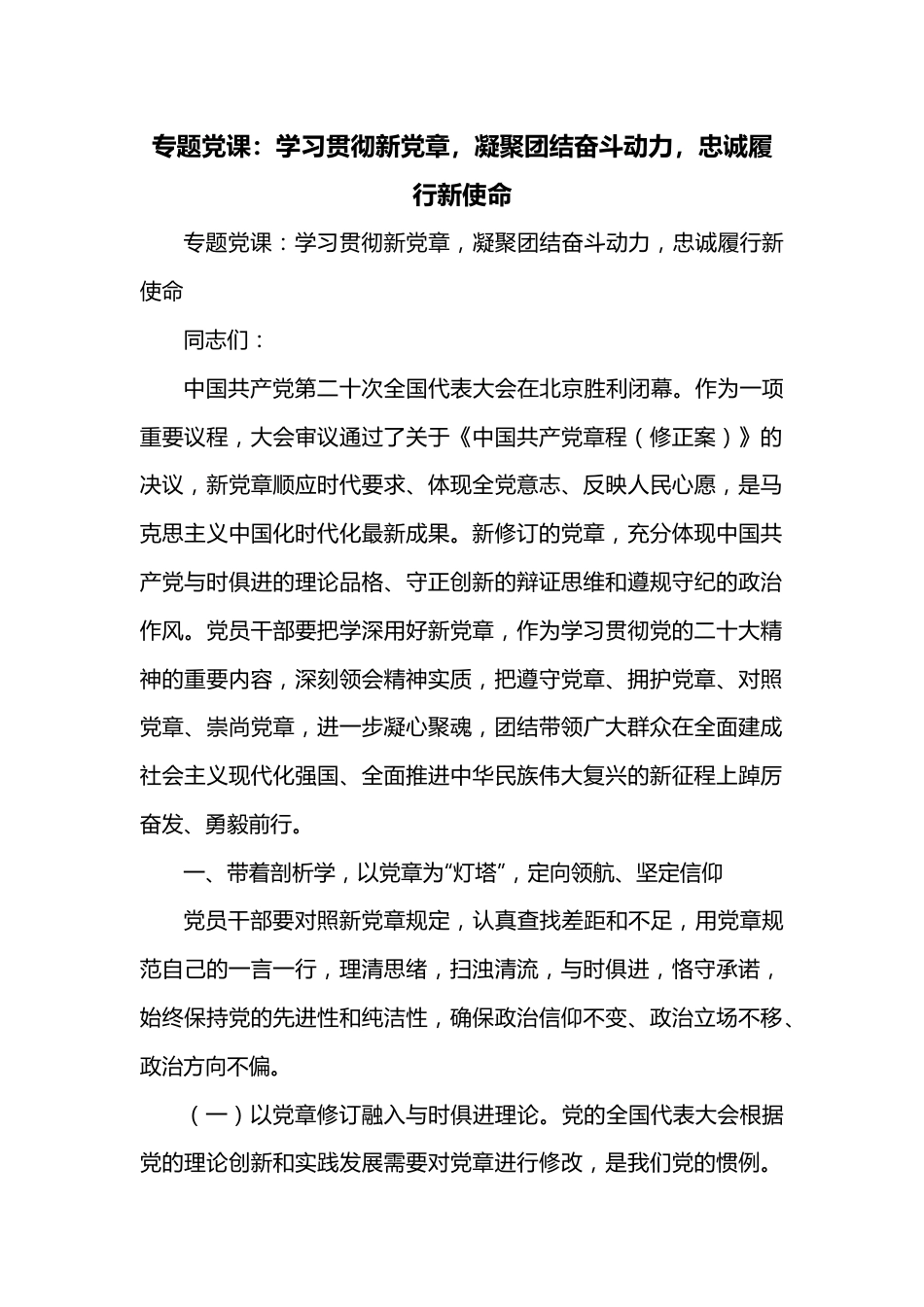 专题党课：学习贯彻新党章，凝聚团结奋斗动力，忠诚履行新使命.docx_第1页