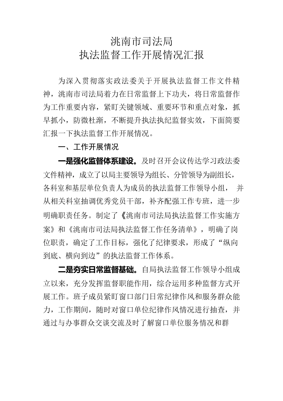 洮南市司法局执法监督工作开展情况报告.docx_第1页