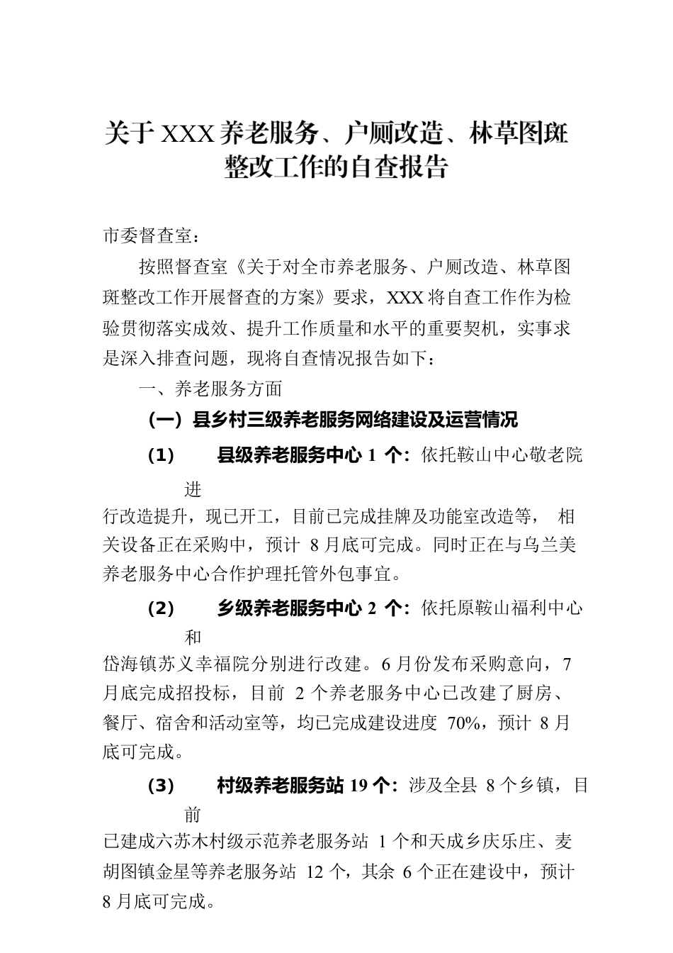 关于XXX养老服务、户厕改造、林草图斑整改工作的自查报告.docx_第1页