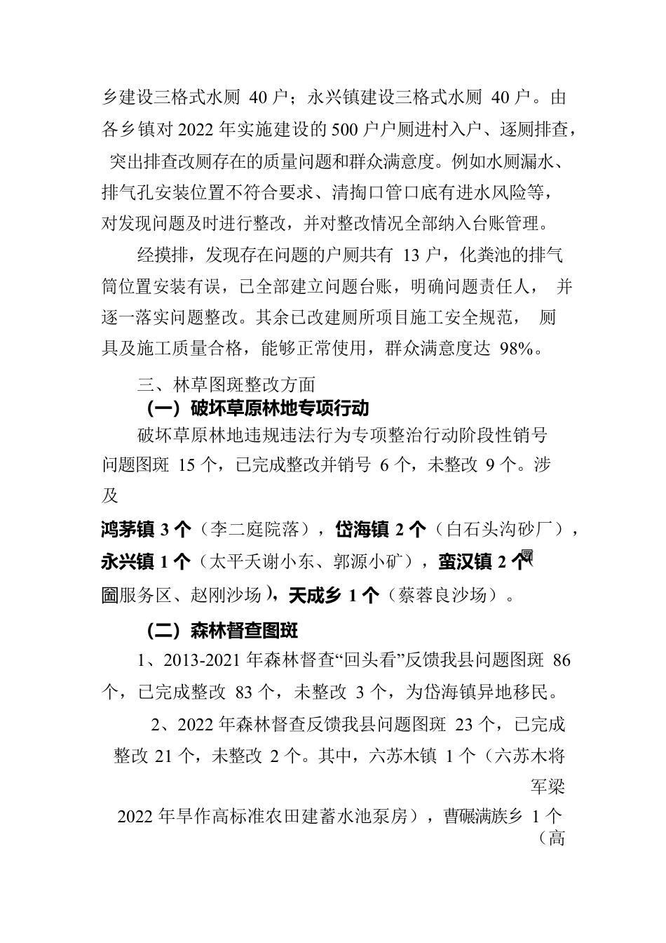 关于XXX养老服务、户厕改造、林草图斑整改工作的自查报告.docx_第3页