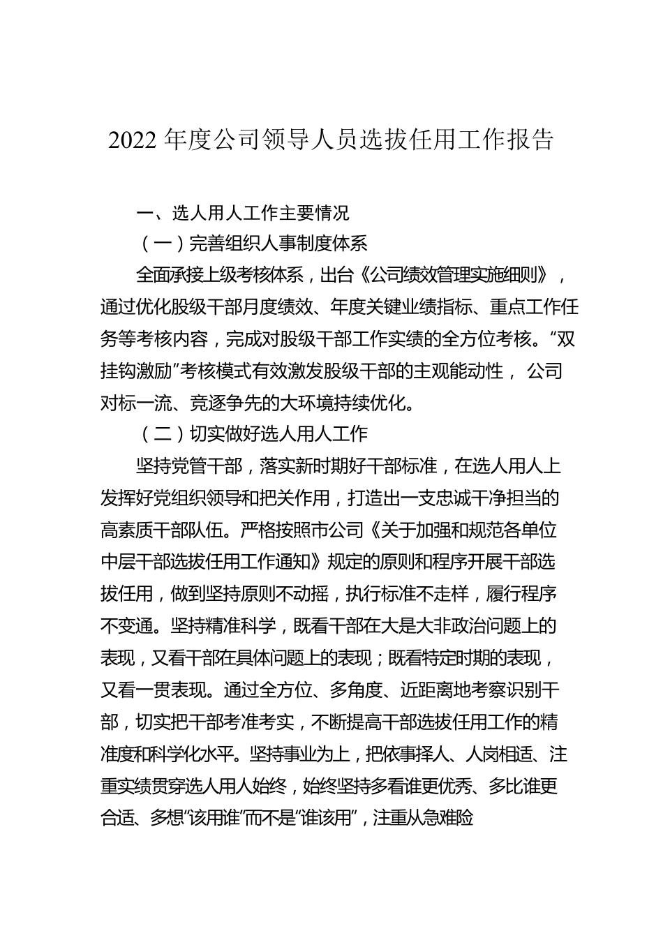 2022年度公司领导人员选拔任用工作报告.docx_第1页