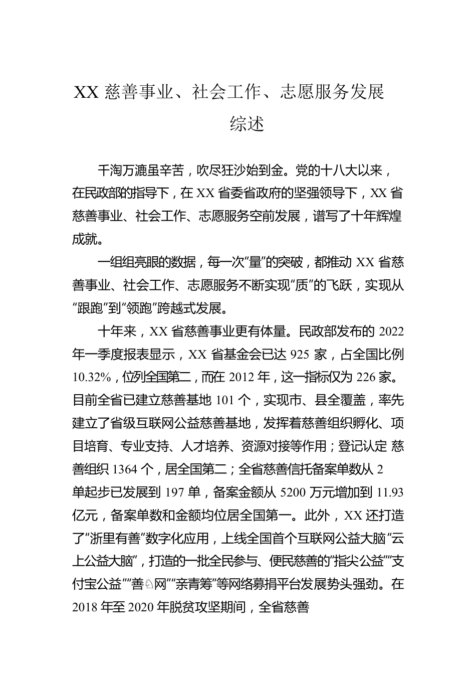 XX慈善事业、社会工作、志愿服务发展综述.docx_第1页