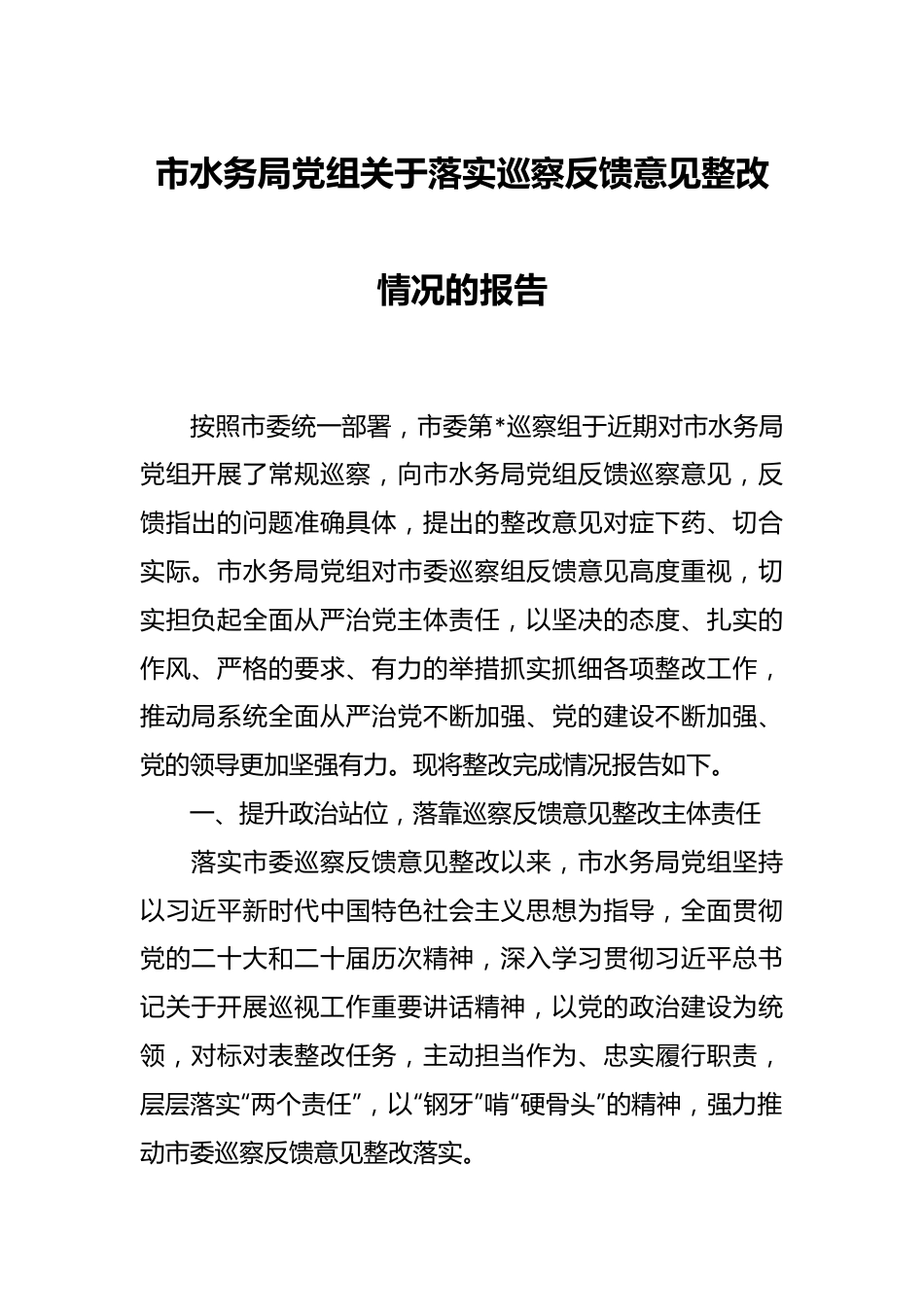 市水务局党组关于落实巡察反馈意见整改情况的报告.docx_第1页