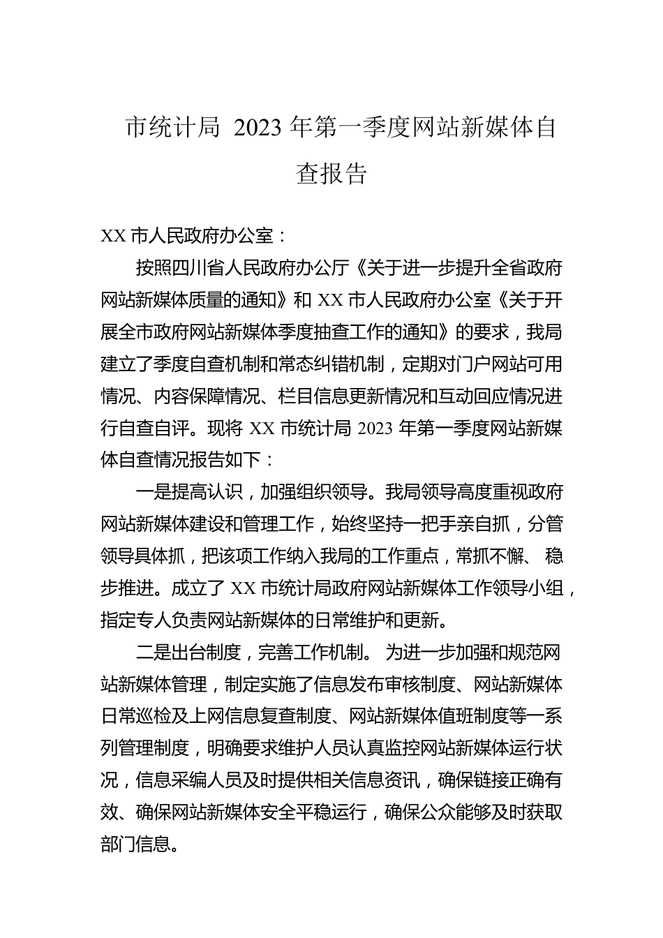 市统计局2023年第一季度网站新媒体自查报告(20230228).docx_第1页