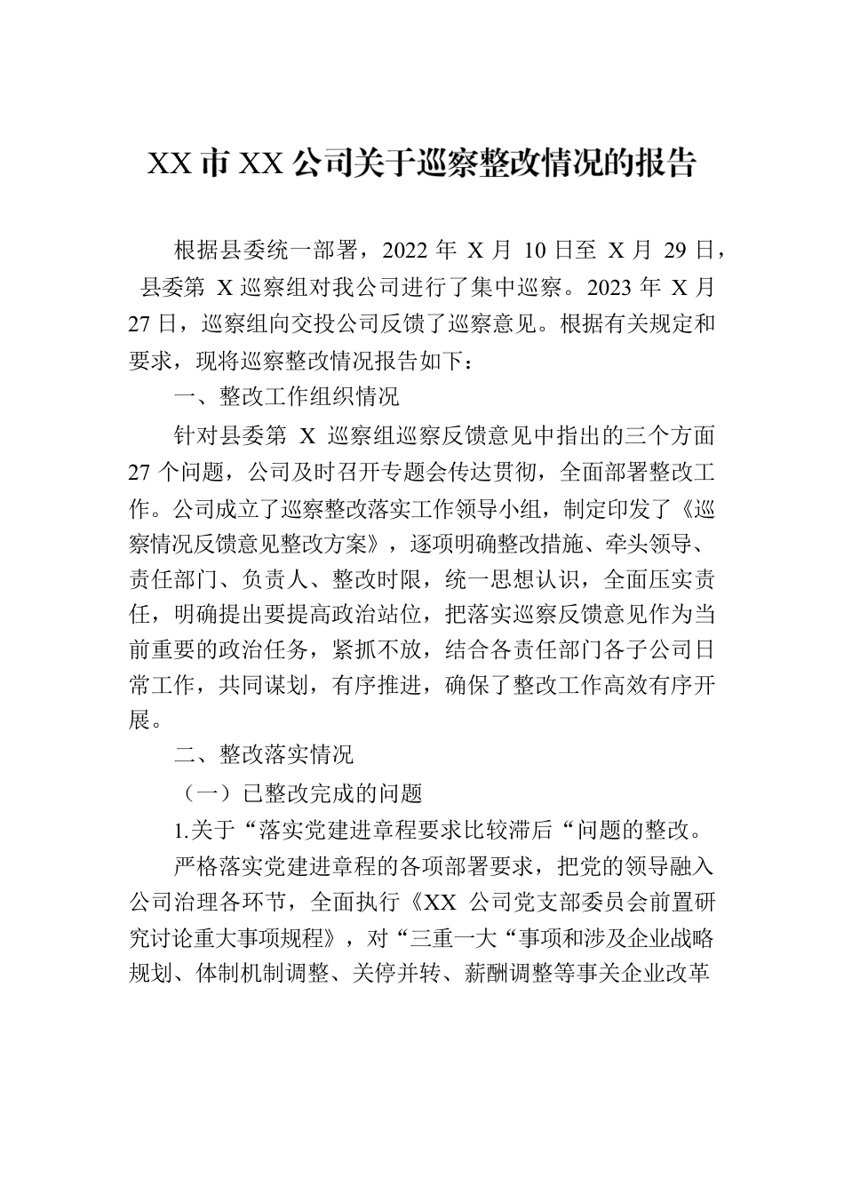 XX市XX公司关于巡察整改情况的报告.docx_第1页