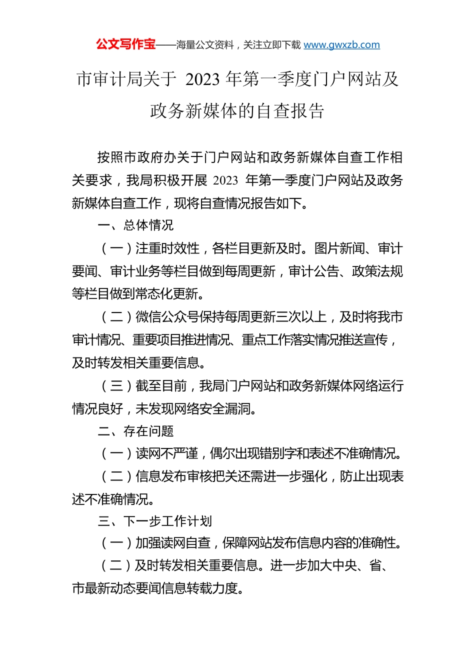 市审计局关于2023年第一季度门户网站及政务新媒体的自查报告（20230313）.docx_第1页