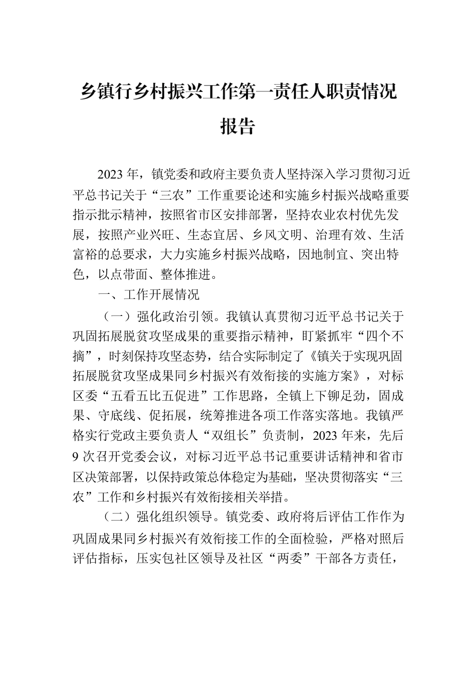 乡镇行乡村振兴工作第一责任人职责情况报告.docx_第1页