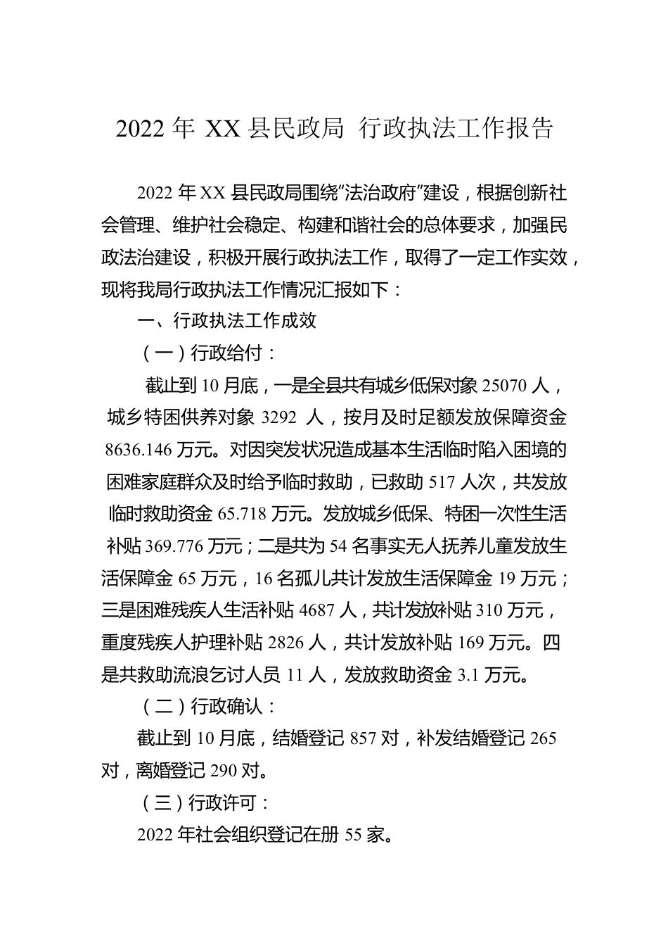 2022年XX县民政局 行政执法工作报告（20221218）.docx_第1页