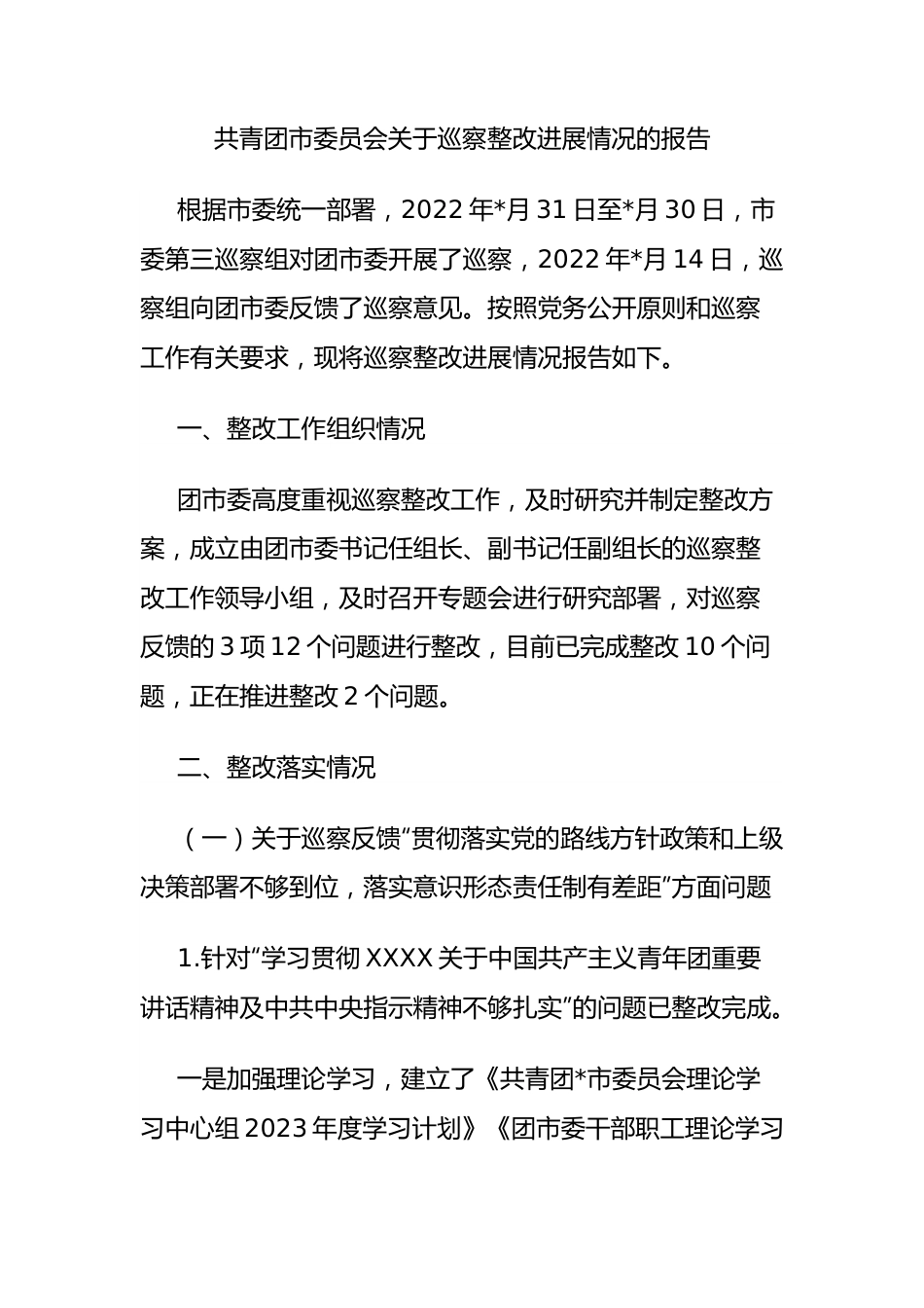 共青团市委员会巡察整改进展情况的报告.docx_第1页