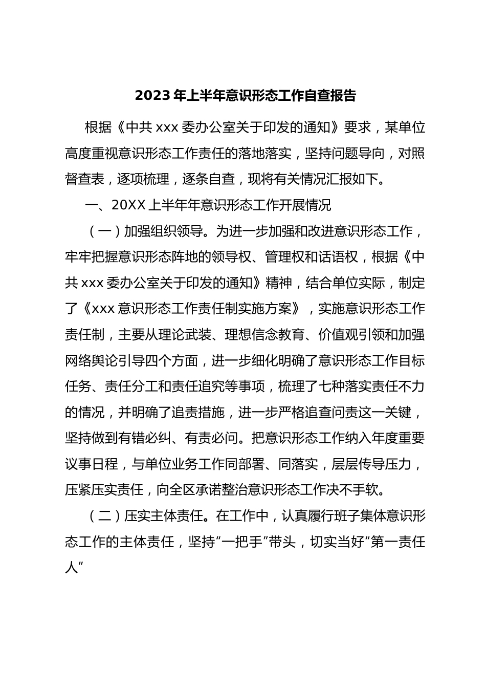 20XX年上半年意识形态工作自查报告.docx_第1页