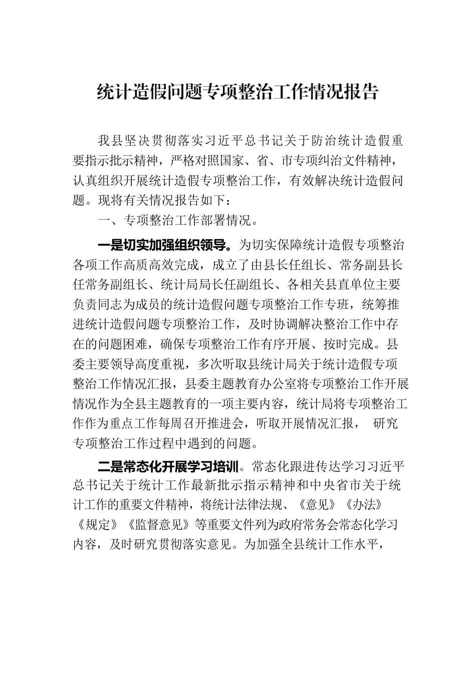 统计造假问题专项整治工作情况报告.docx_第1页