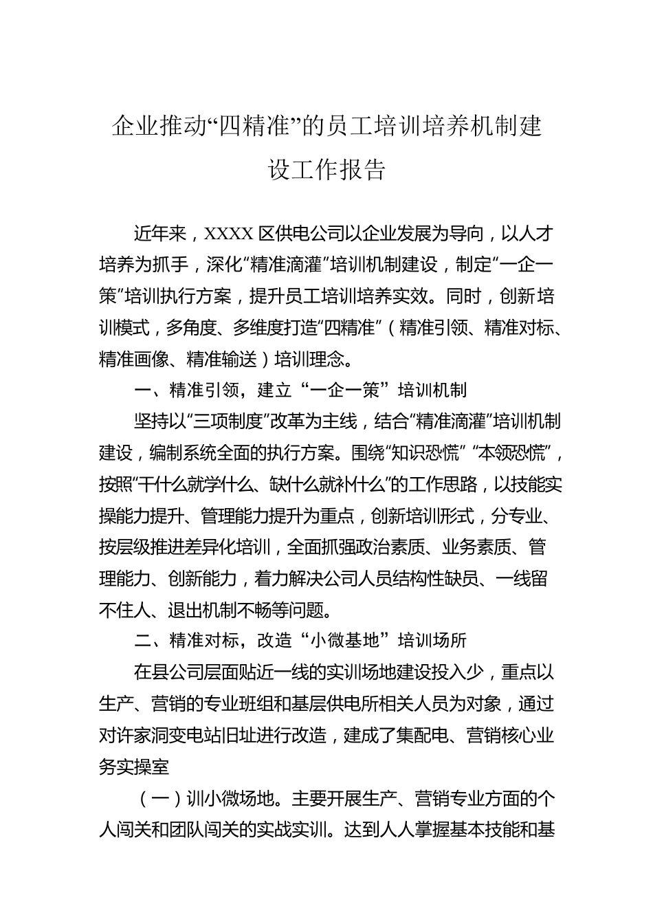 企业推动“四精准”的员工培训培养机制建设工作报告.docx_第1页