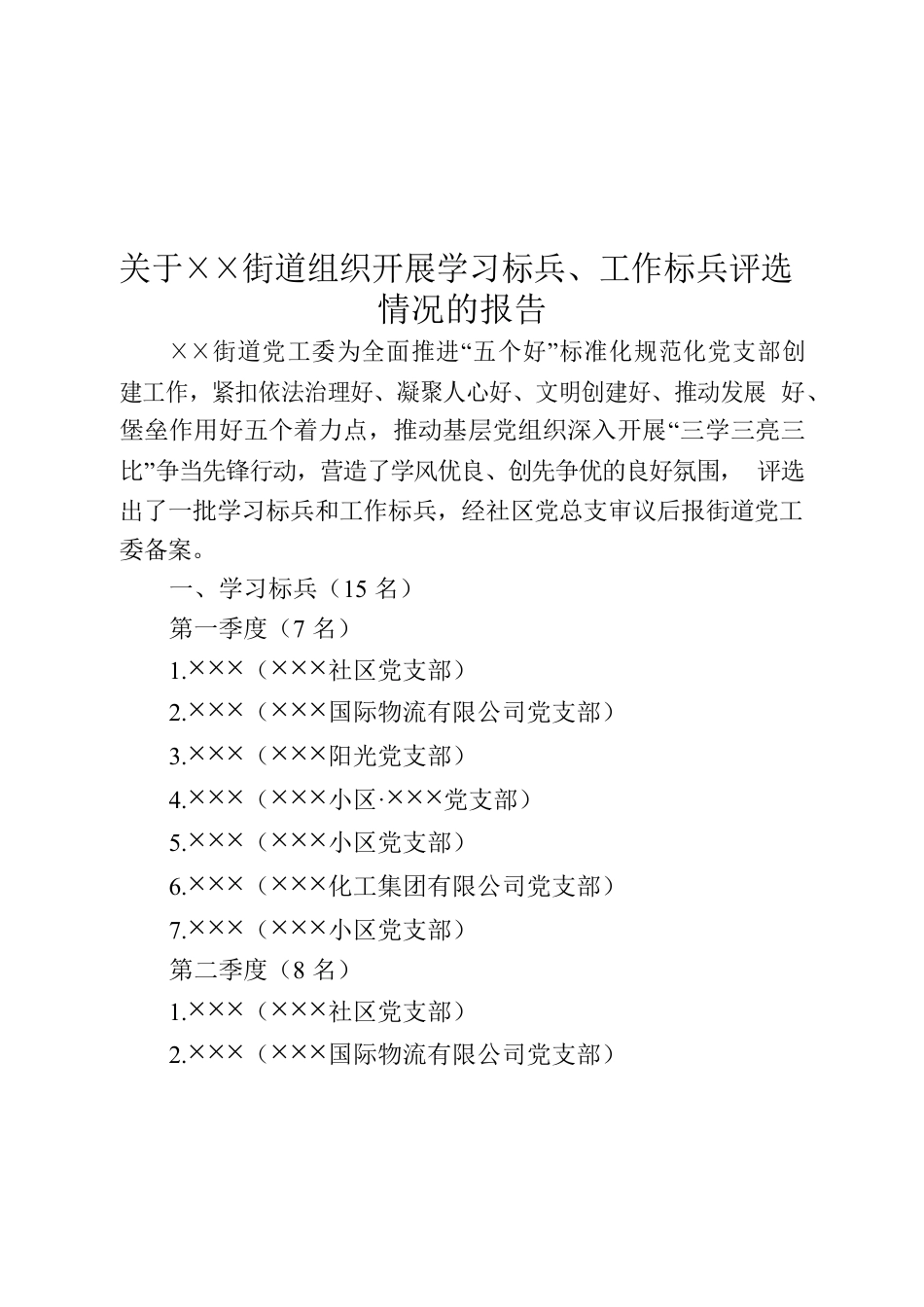 关于××街道组织开展学习标兵、工作标兵评选情况的报告.docx_第1页