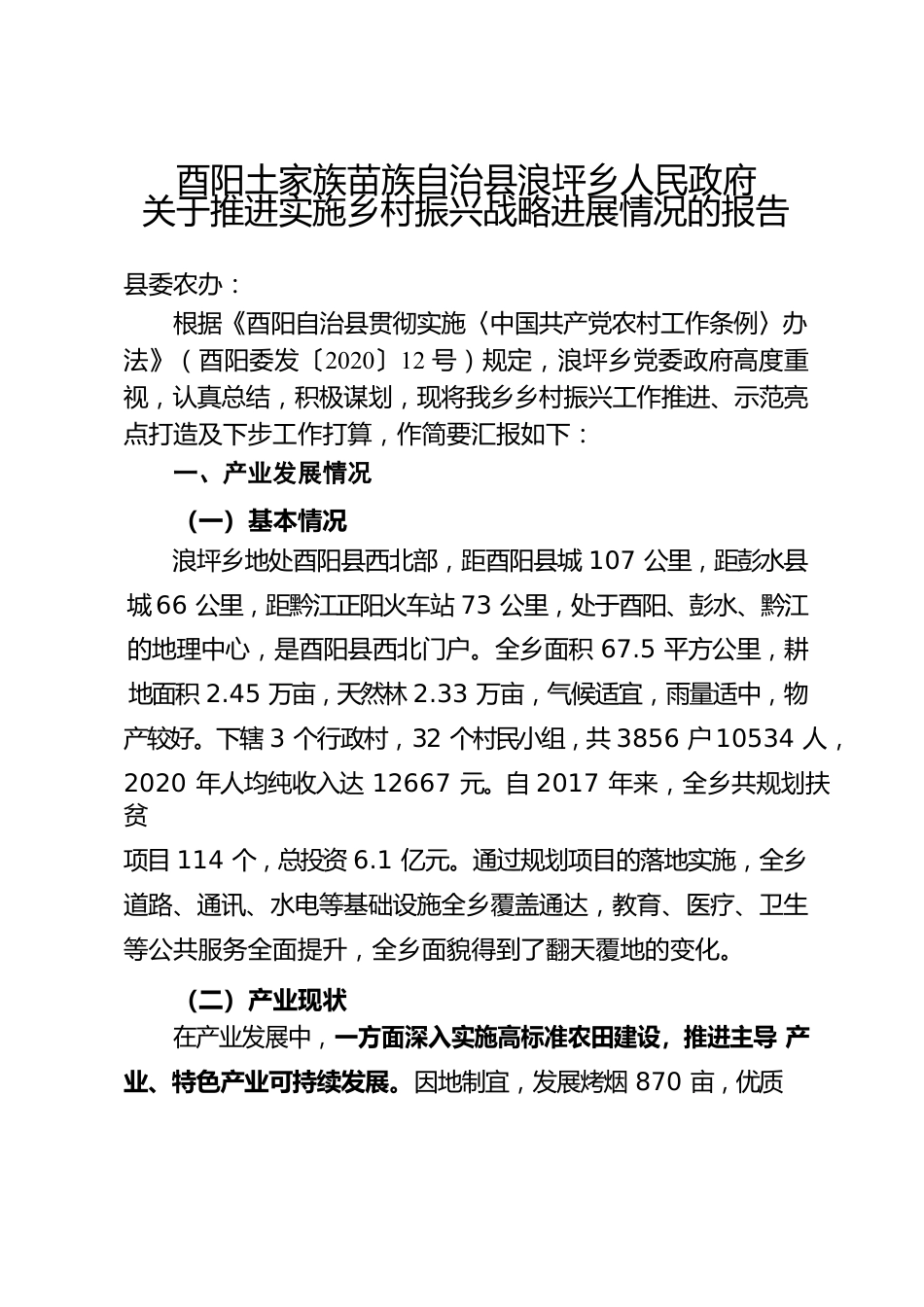 浪坪乡人民政府关于推进实施乡村振兴战略进展情况的报告12.28.docx_第1页