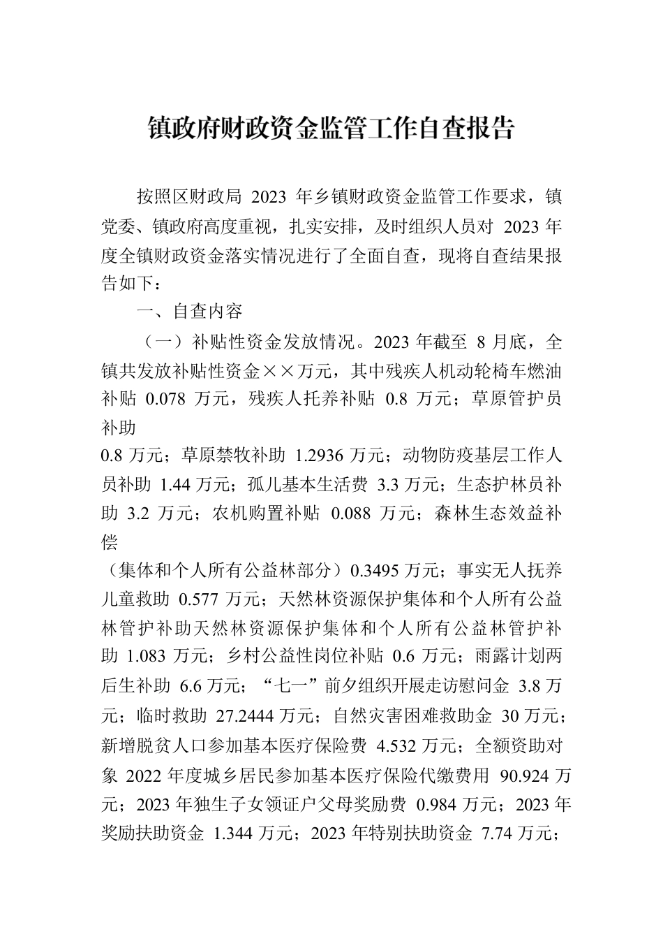 镇政府财政资金监管工作自查报告.docx_第1页