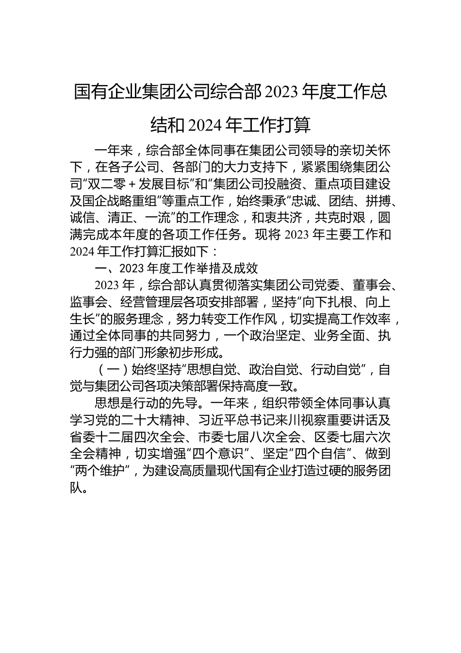 国有企业集团公司综合部2023年度工作总结和2024年工作打算.docx_第1页