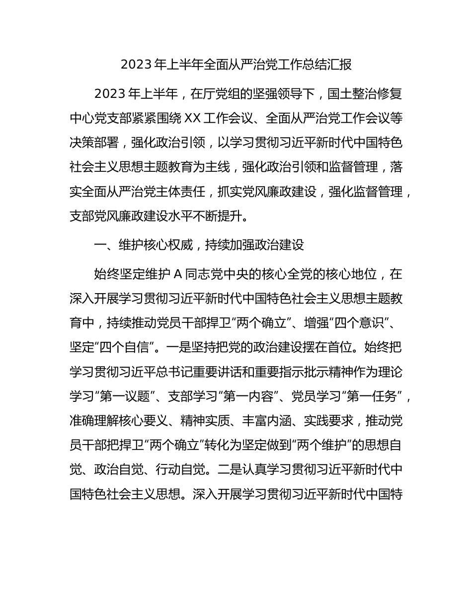 2023年上半年党支部全面从严治党工作总结汇报3000字.docx_第1页