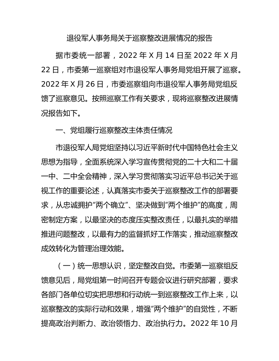 退役军人事务系统巡察整改进展情况总结报告7200字.docx_第1页