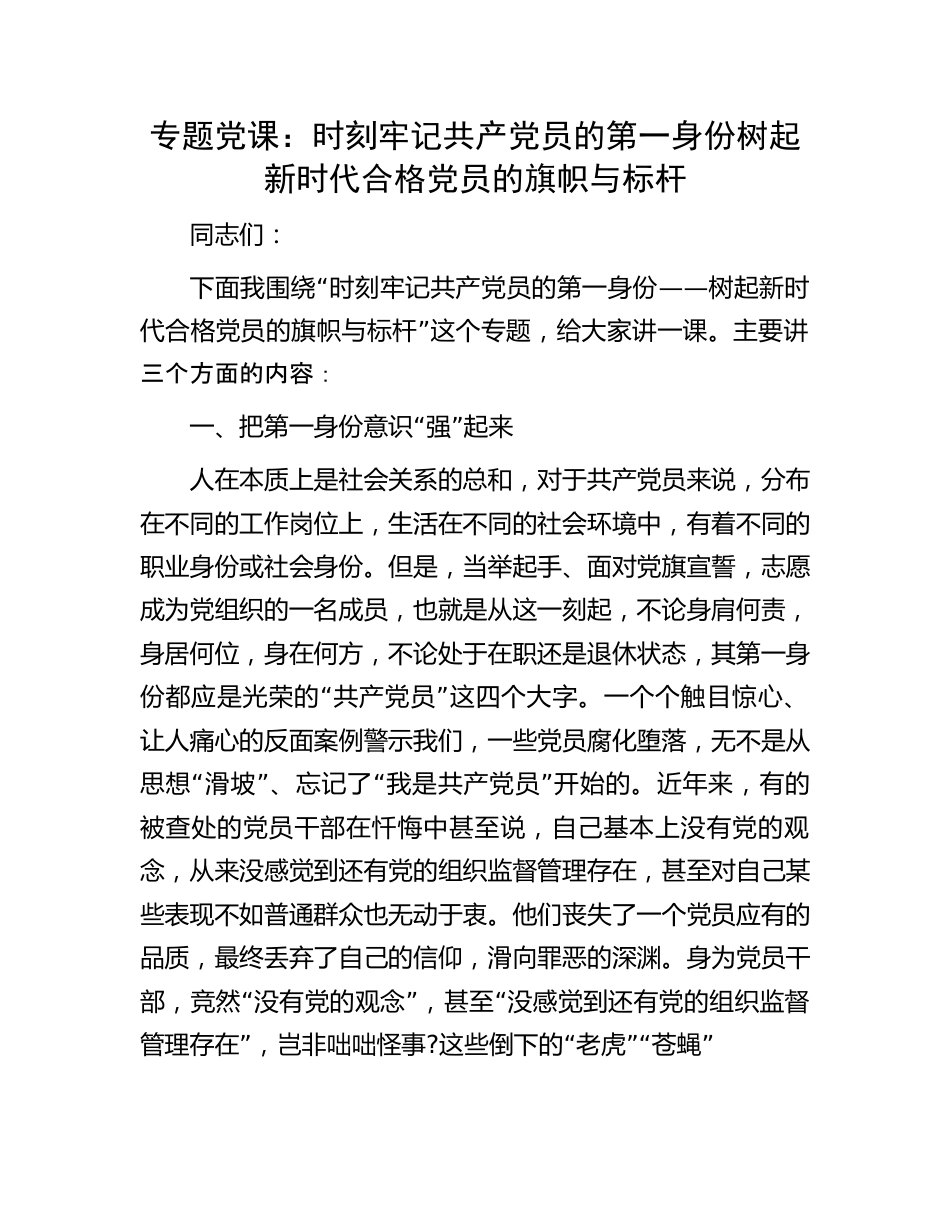 七一专题党课：时刻牢记共产党员的第一身份树起新时代合格党员的旗帜与标杆.docx_第1页