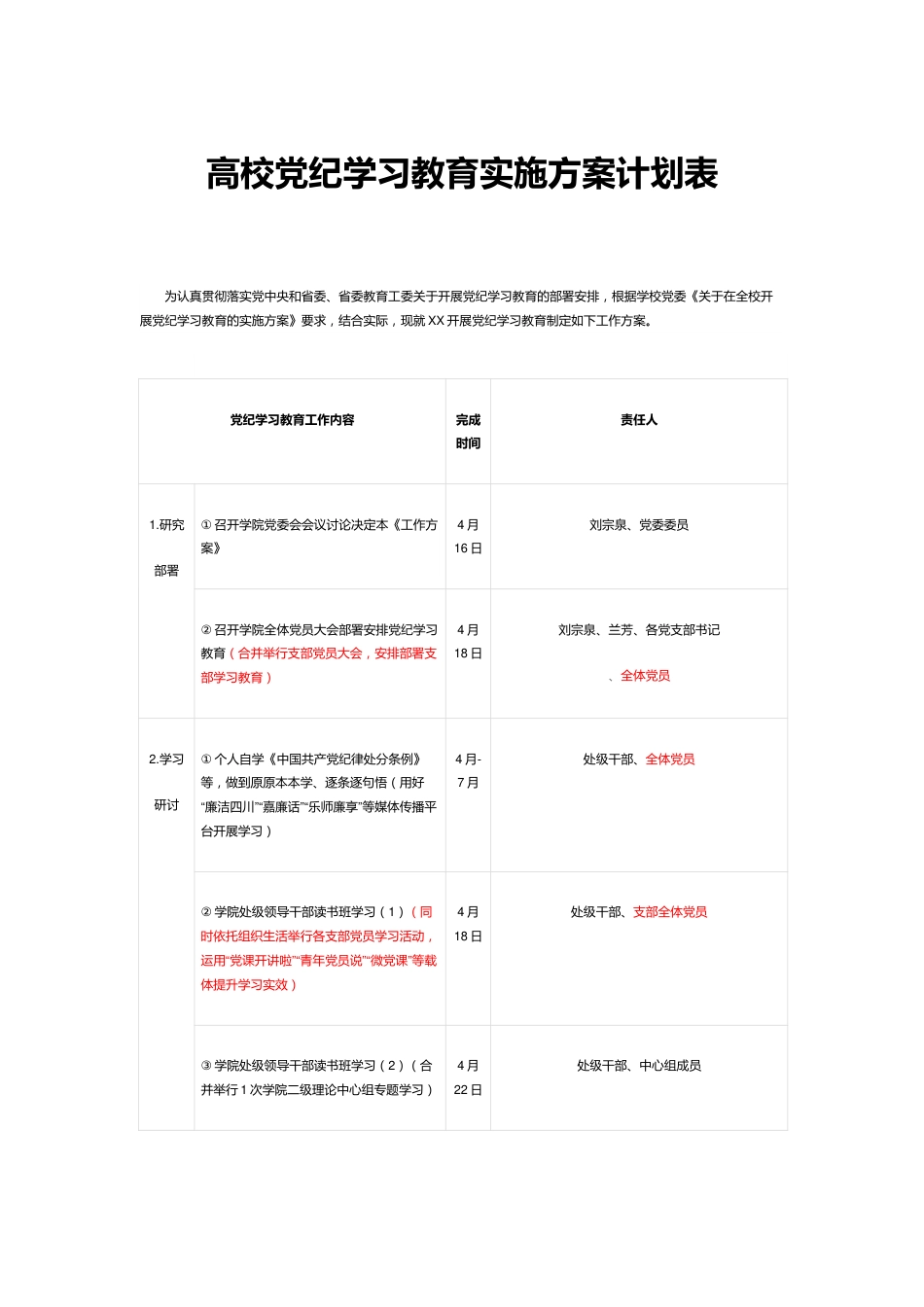 高校党纪学习教育实施方案计划表.docx_第1页