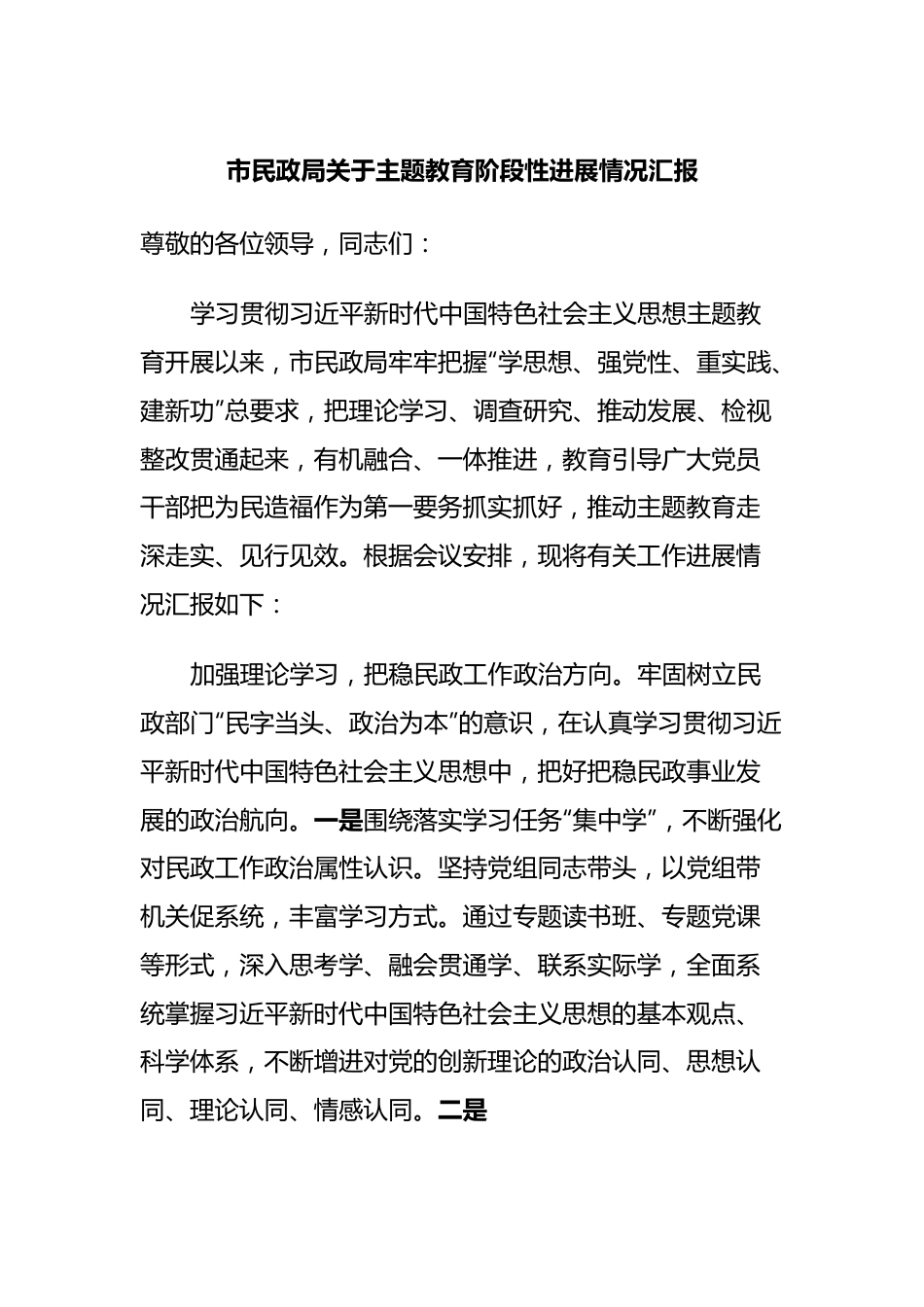 市民政局关于主题教育阶段性进展情况汇报.docx_第1页