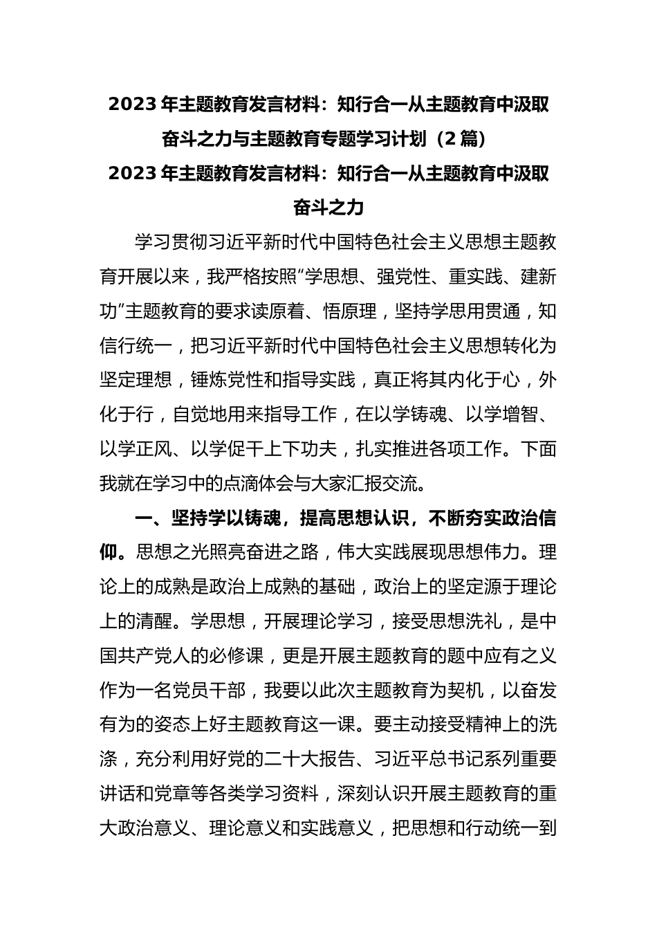 (2篇)2023年主题教育发言材料：知行合一从主题教育中汲取奋斗之力与主题教育专题学习计划.docx_第1页