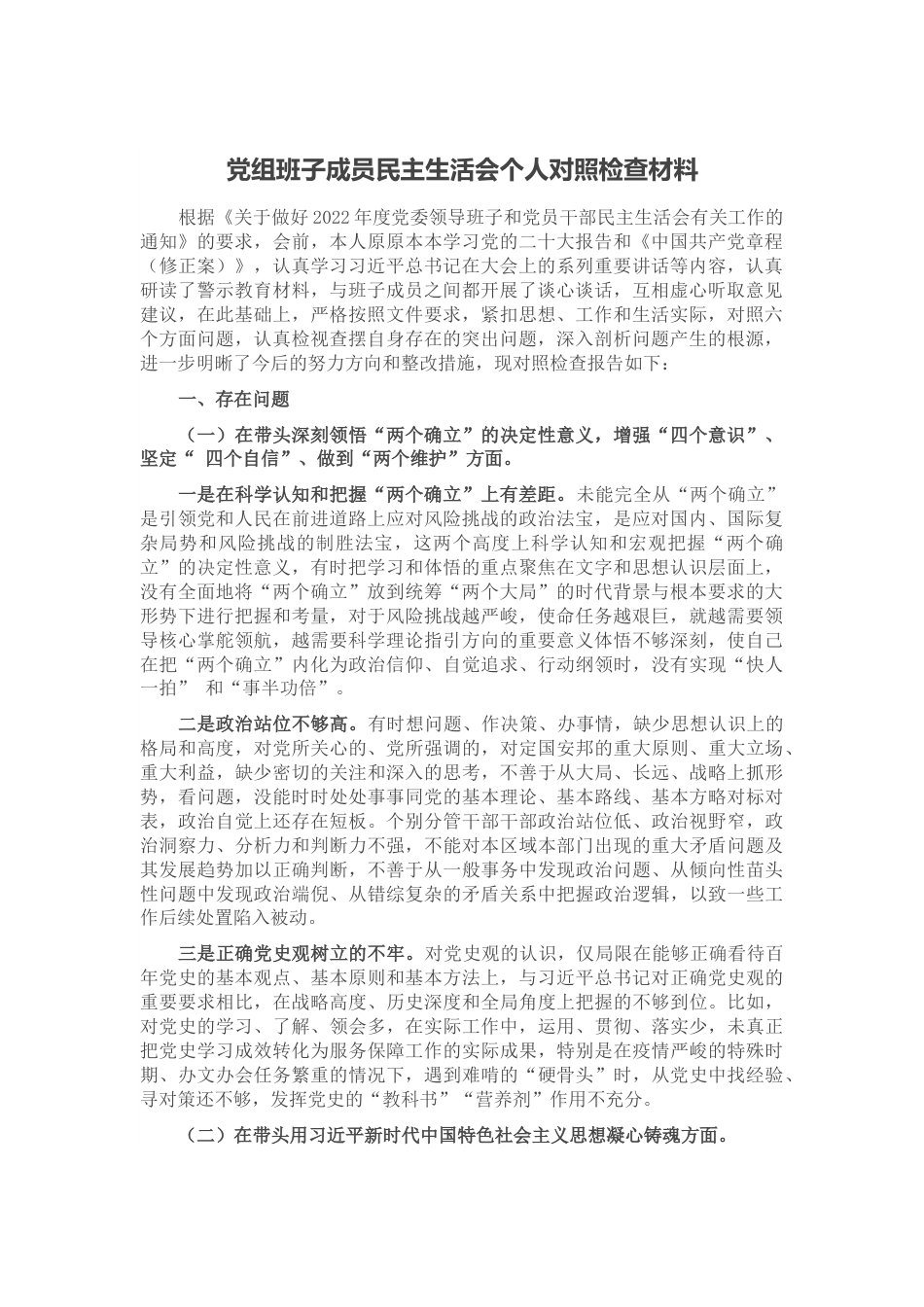 党组班子成员民主生活会个人对照检查材料.docx_第1页