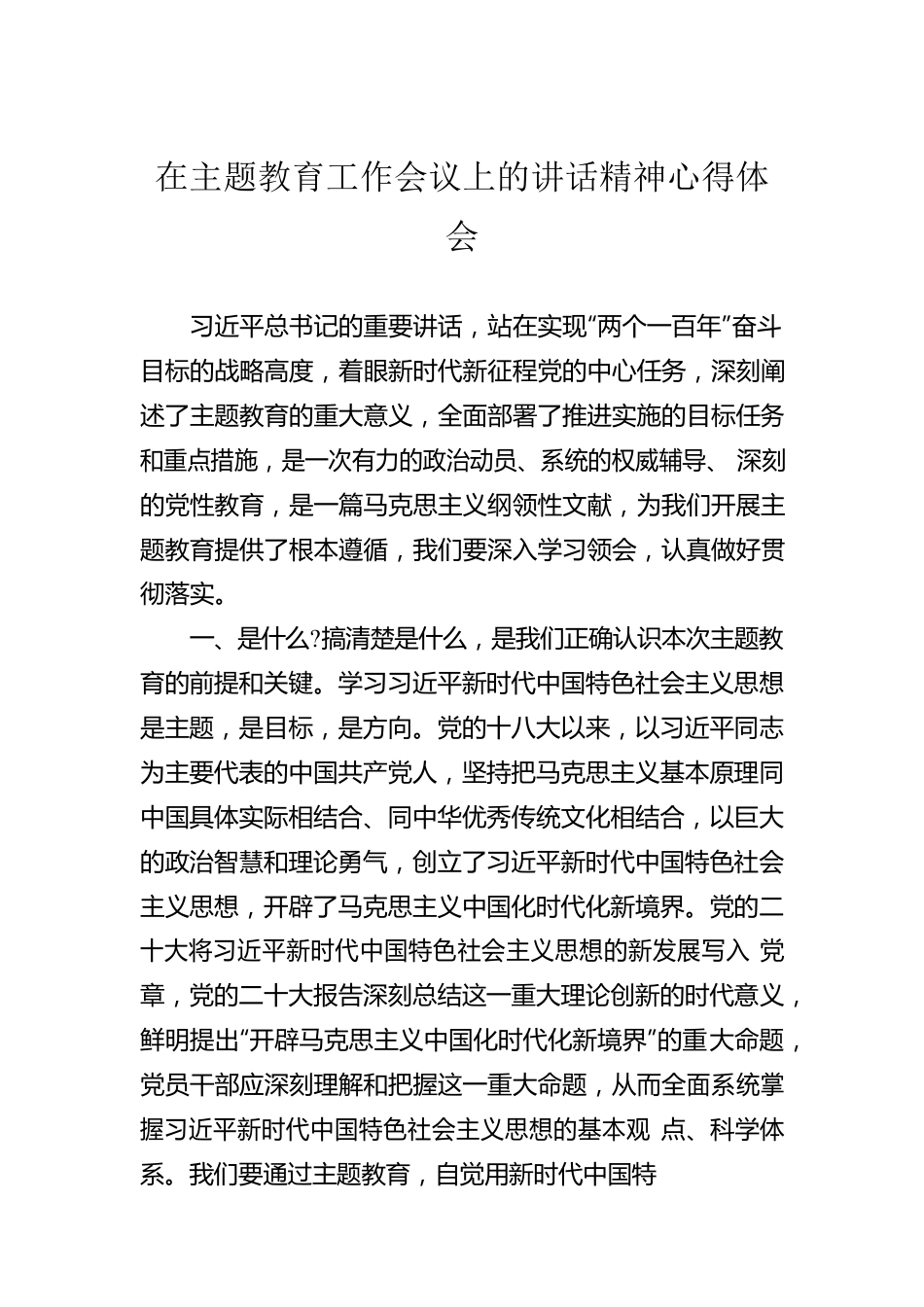 在主题教育工作会议上的讲话精神心得体会.docx_第1页