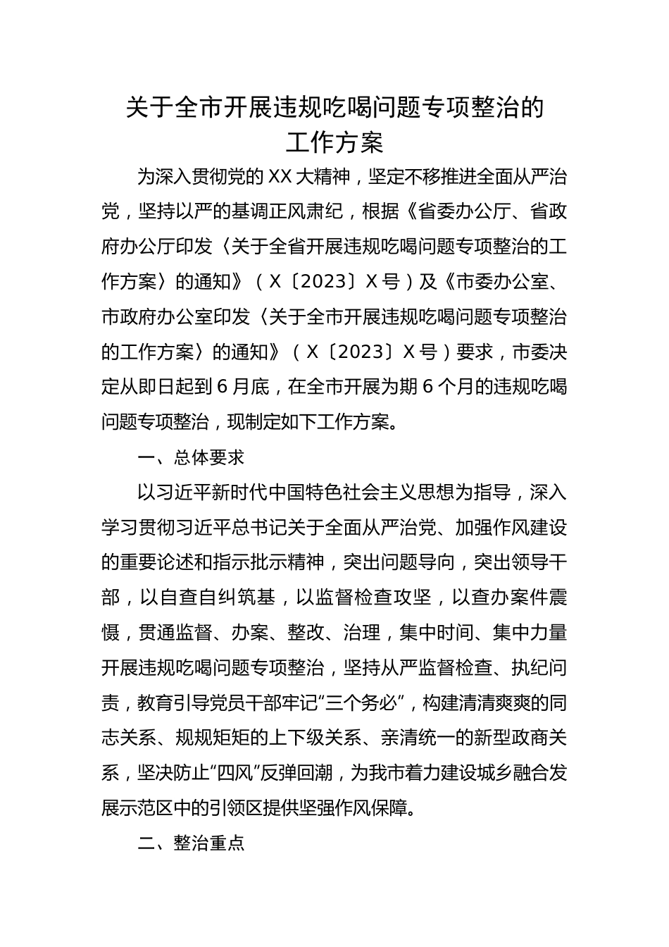 关于全市开展违规吃喝问题专项整治的工作方案.docx_第1页