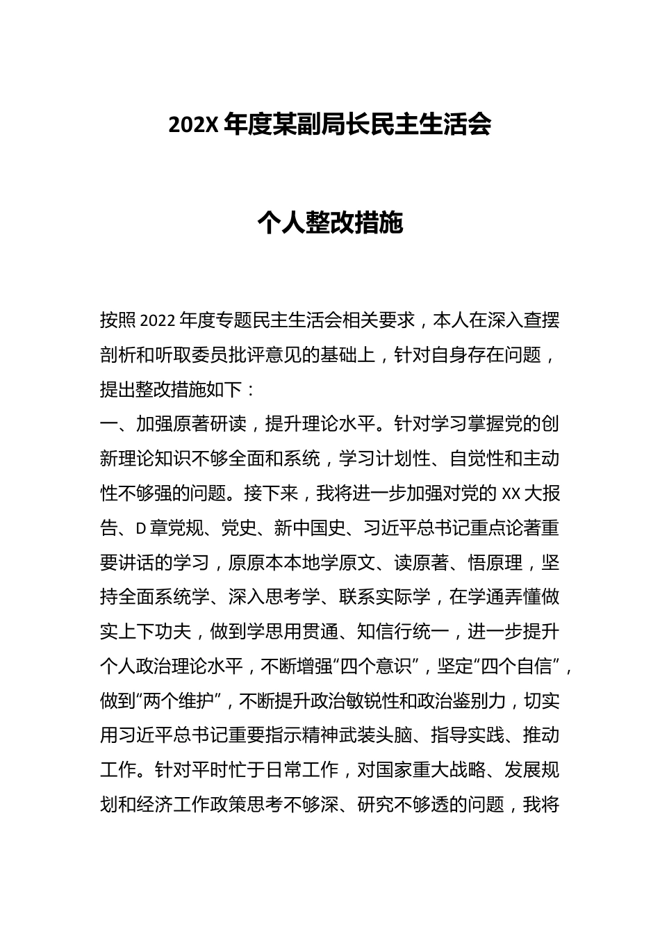 202X年度某副局长民主生活会个人整改措施.docx_第1页