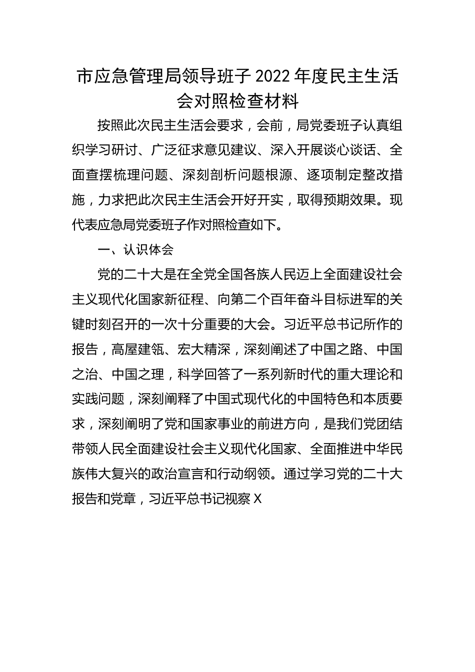 市应急管理局领导班子2022年度民主生活会对照检查材料.docx_第1页