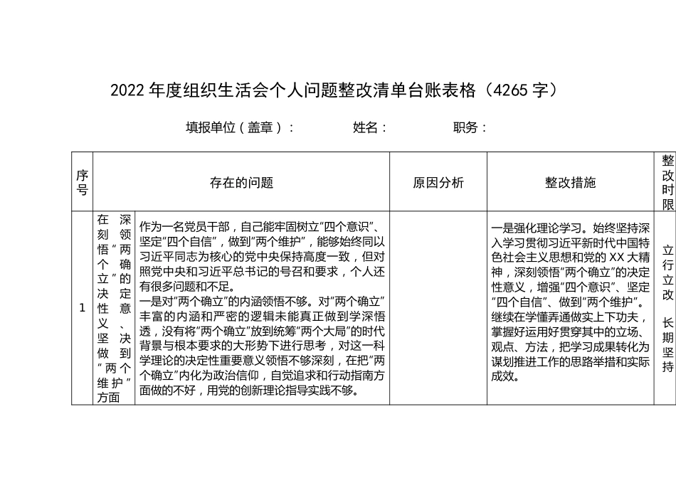 2022年度组织生活会个人问题整改清单台账表格.docx_第1页