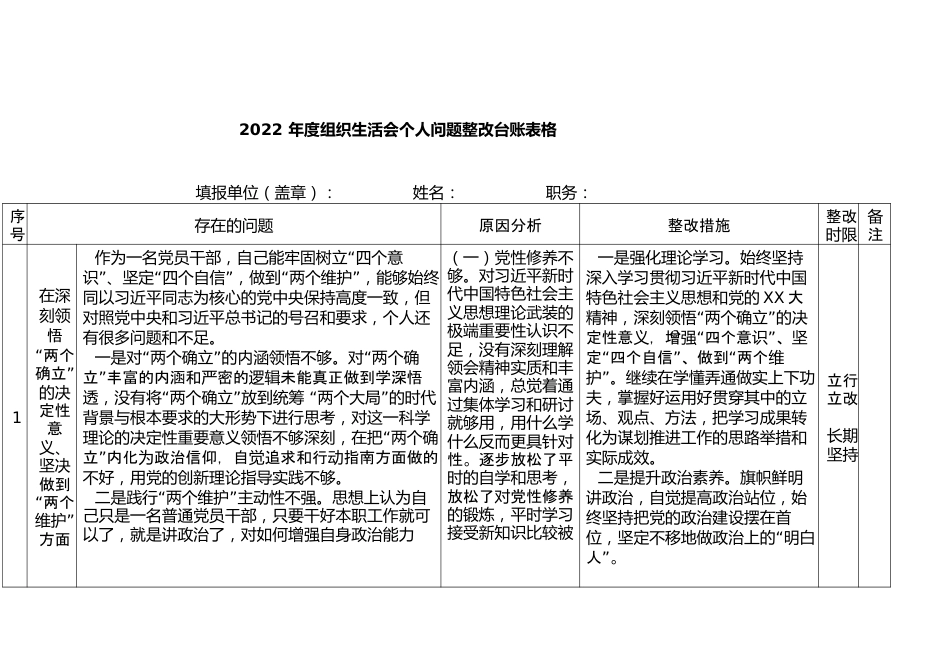 2022 年度组织生活会个人问题整改台账表格..docx_第1页